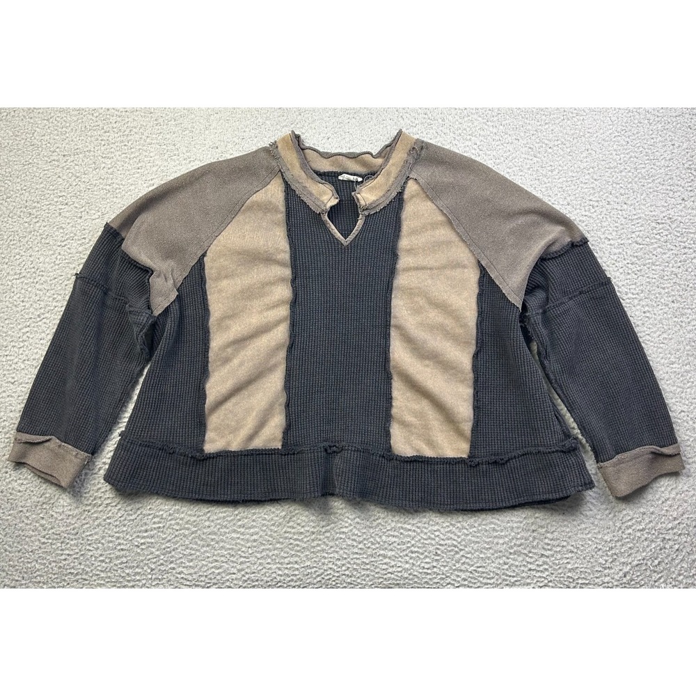 POL Top Women Black Tan Thermal Waffle Knit French Terry Colorblock Oversized M